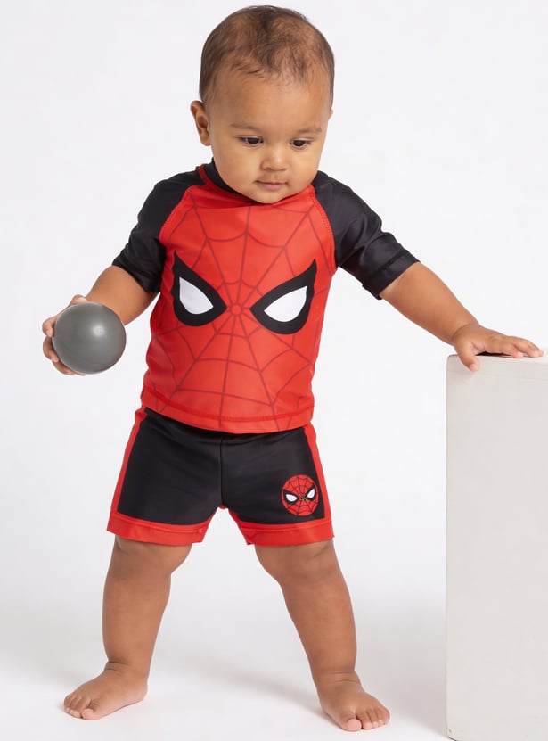 Juniors Spiderman Print Rash Guard Shorts Set
