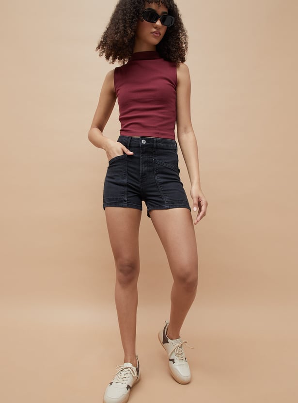GINGER Solid High-Rise Denim Shorts