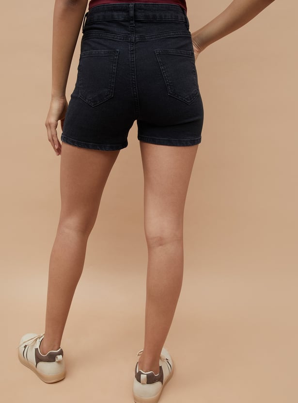 GINGER Solid High-Rise Denim Shorts