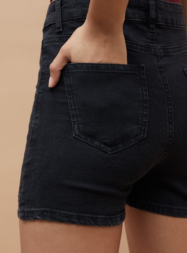 GINGER Solid High-Rise Denim Shorts