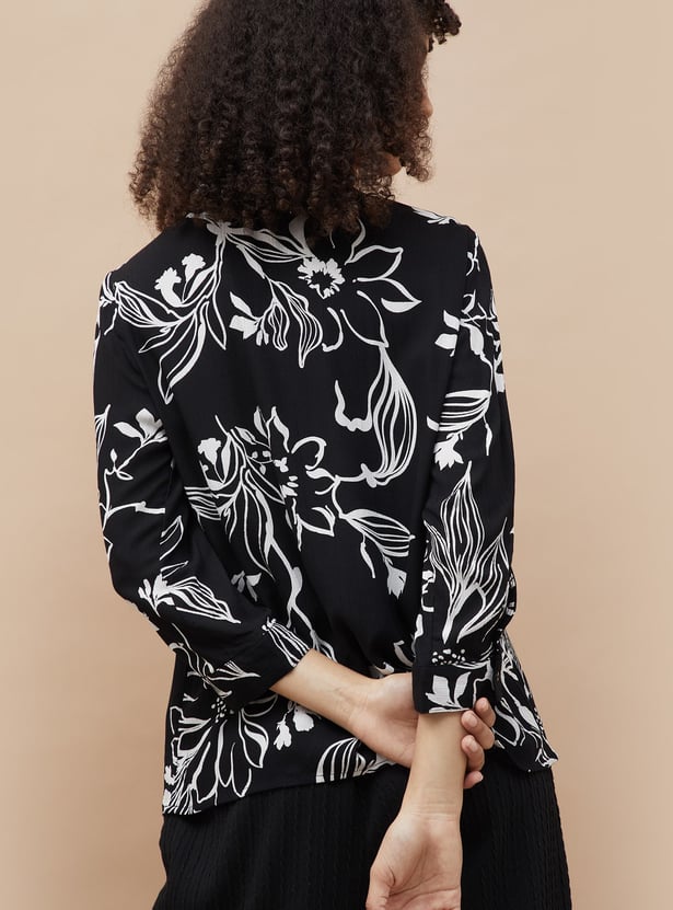 FAME FOREVER Floral Print Band Collar Top
