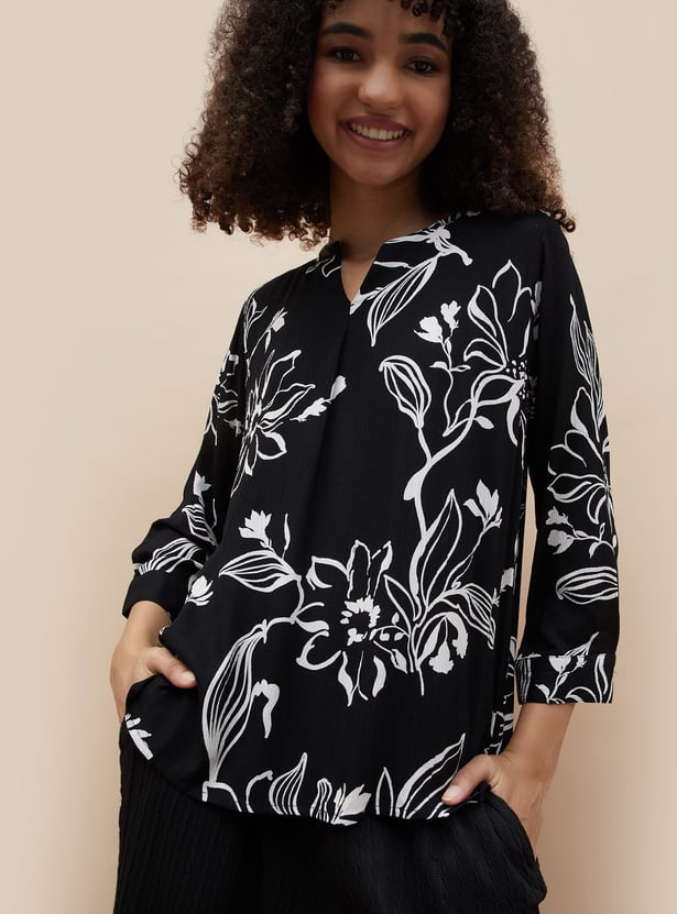 FAME FOREVER Floral Print Band Collar Top