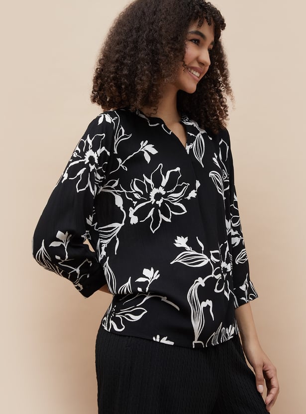 FAME FOREVER Floral Print Band Collar Top