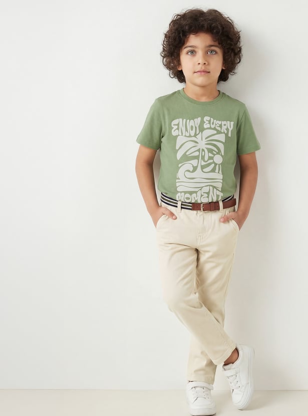 FAME FOREVER Boys Solid Slim Fit Trousers with Belt