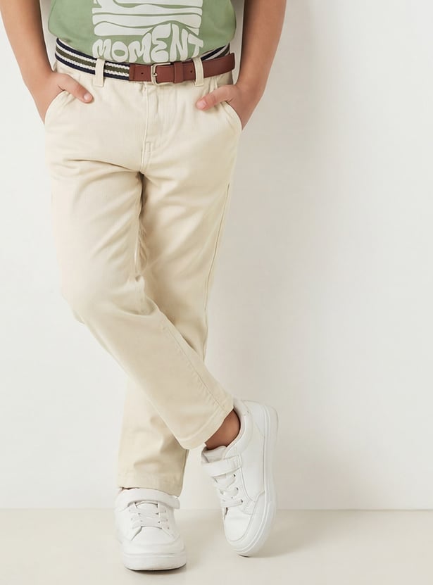 FAME FOREVER Boys Solid Slim Fit Trousers with Belt