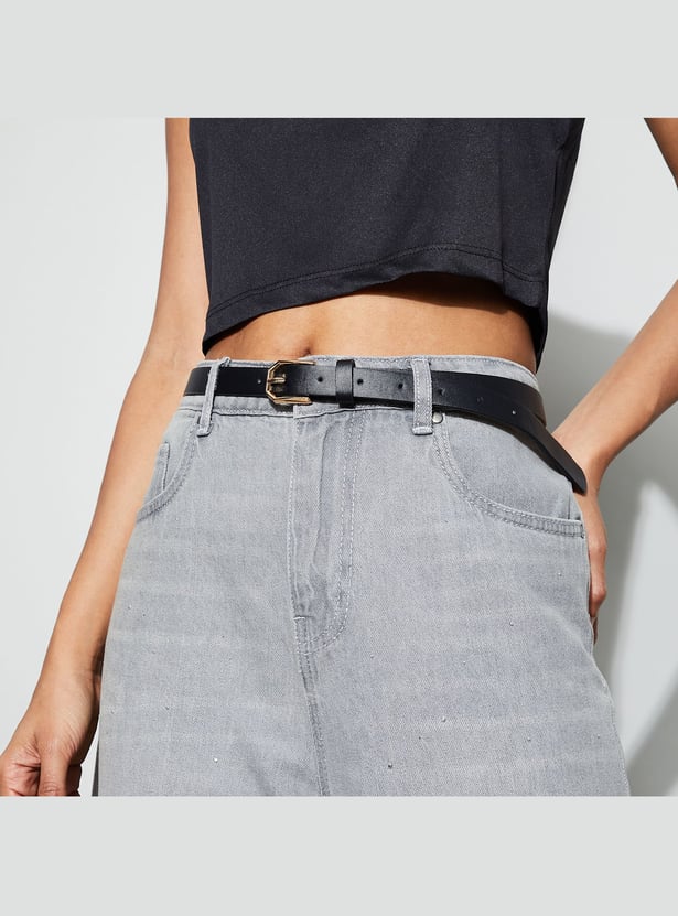 GINGER Solid Slim Belt with Geometric Buckle