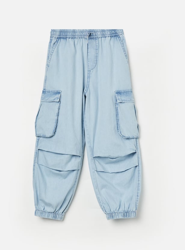 FAME FOREVER Girls Washed Denim Cargo Joggers