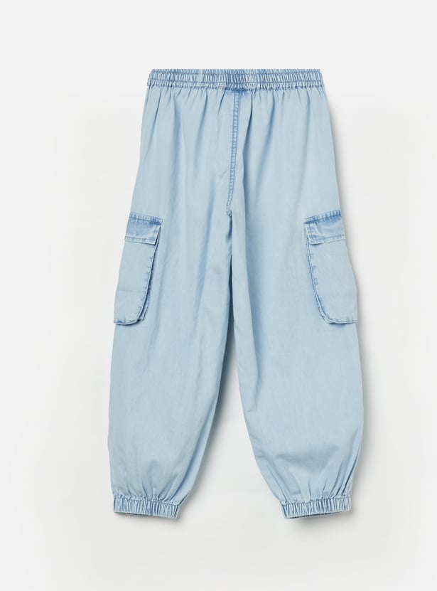 FAME FOREVER Girls Washed Denim Cargo Joggers