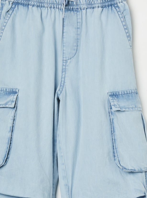 FAME FOREVER Girls Washed Denim Cargo Joggers