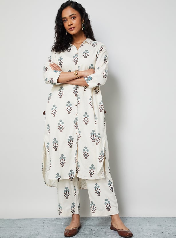 MELANGE Floral Motif High Low Hem Kurta Set