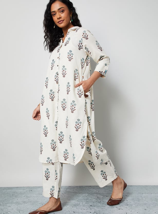 MELANGE Floral Motif High Low Hem Kurta Set
