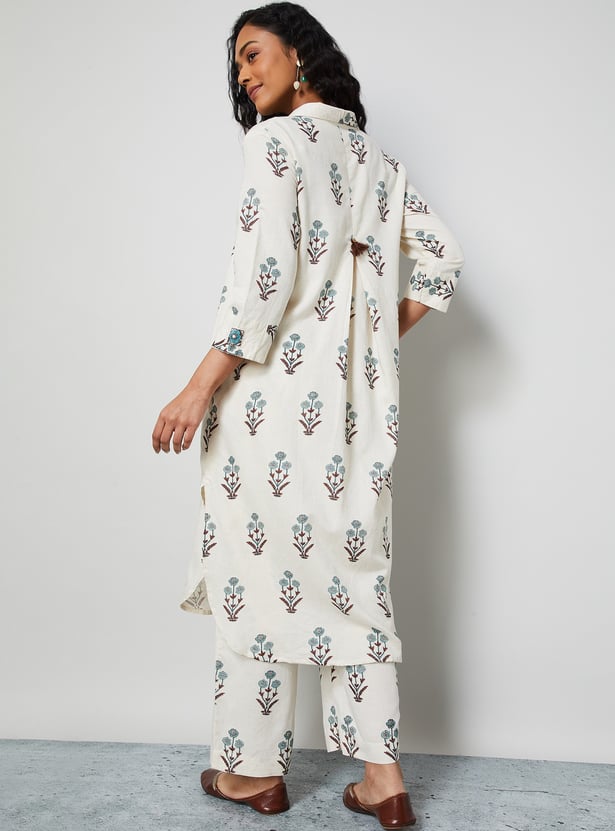 MELANGE Floral Motif High Low Hem Kurta Set