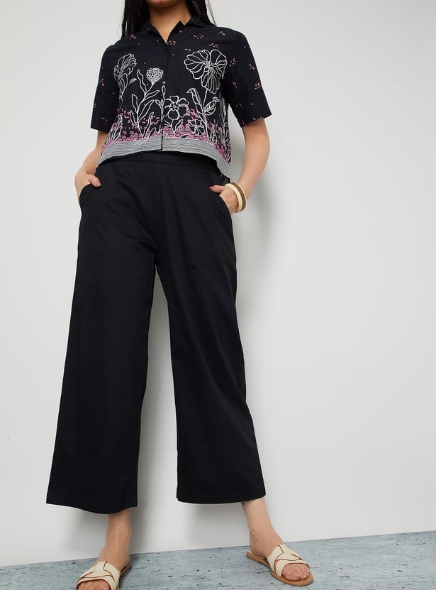 COLOUR ME Solid Paperbag Waist Wide Leg Trousers