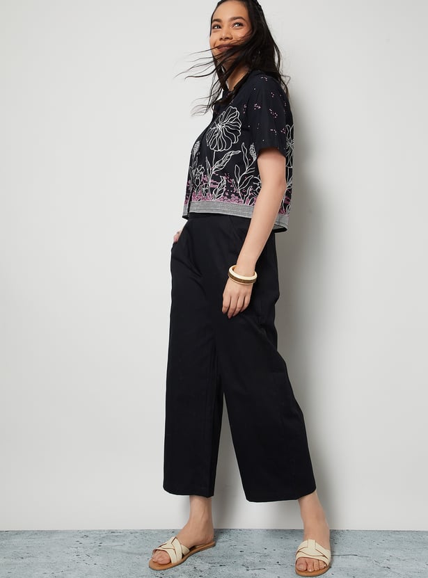 COLOUR ME Solid Paperbag Waist Wide Leg Trousers