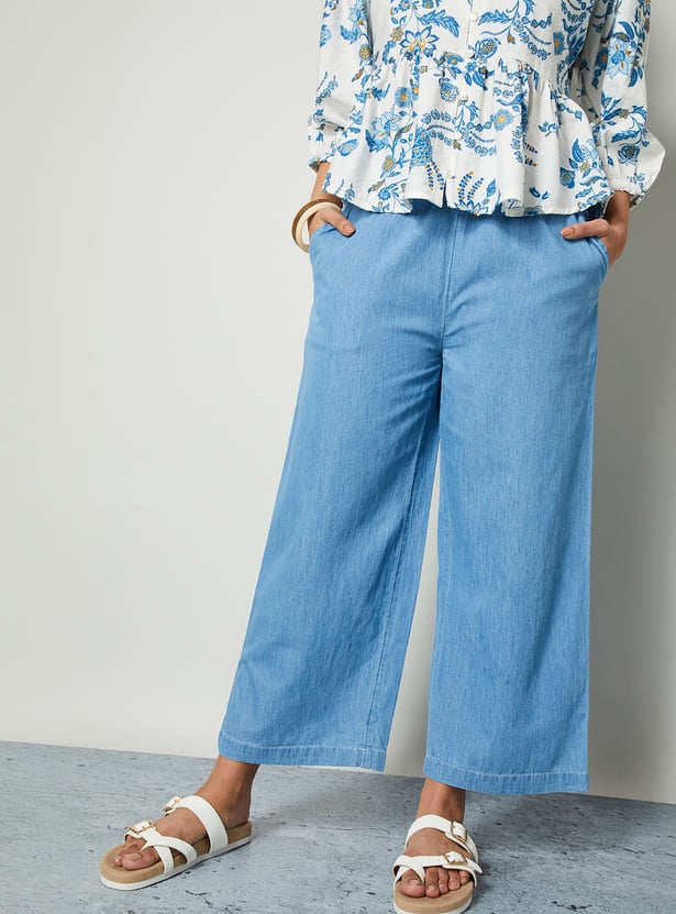 COLOUR ME Solid Paperbag Waist Denim Trousers