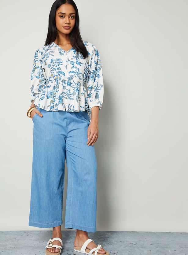 COLOUR ME Solid Paperbag Waist Denim Trousers
