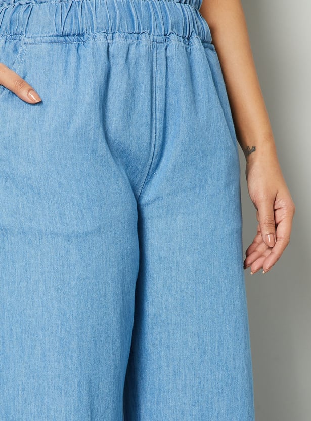 COLOUR ME Solid Paperbag Waist Denim Trousers