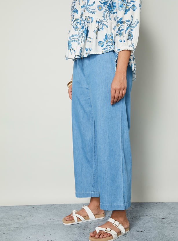 COLOUR ME Solid Paperbag Waist Denim Trousers