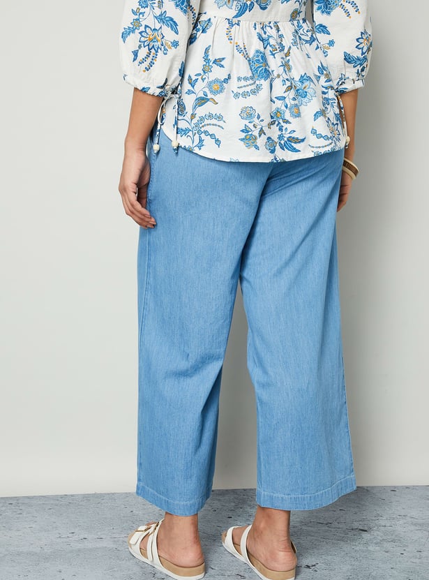COLOUR ME Solid Paperbag Waist Denim Trousers