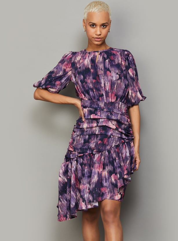 mango red asymmetrical pleated dress Asymmetrical Midi Dress in Blush Floral