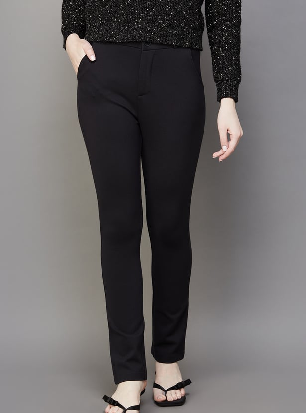 XPOSE Solid High Rise Straight Fit Trousers