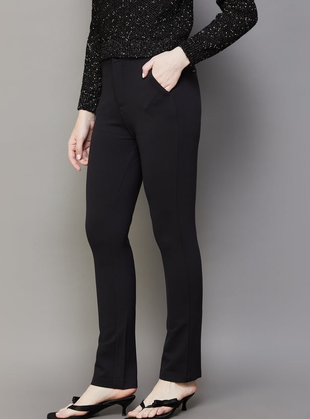 XPOSE Solid High Rise Straight Fit Trousers