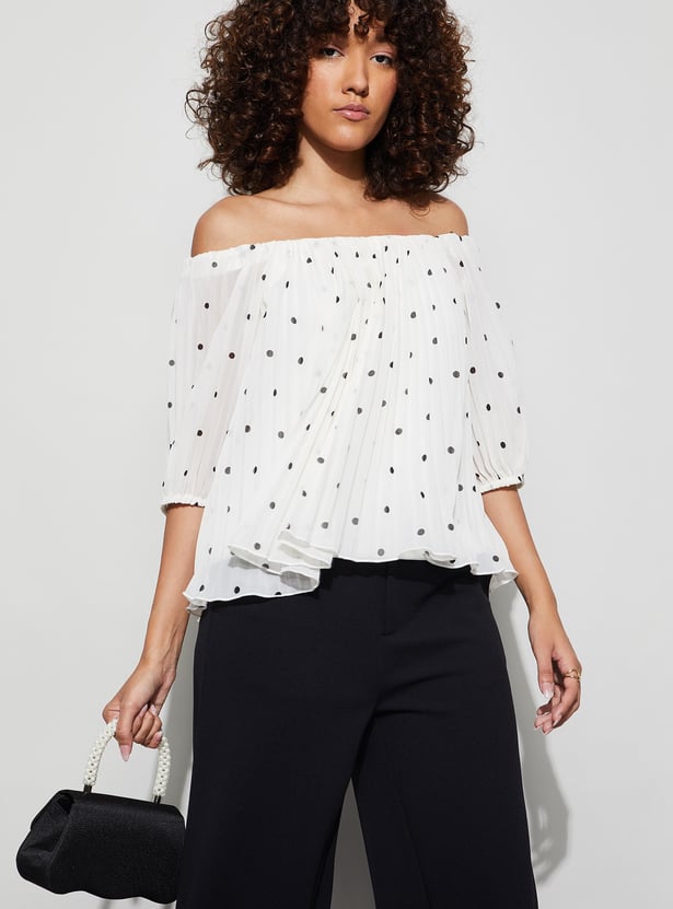 CODE Polka-Dot Print Off-Shoulder Top