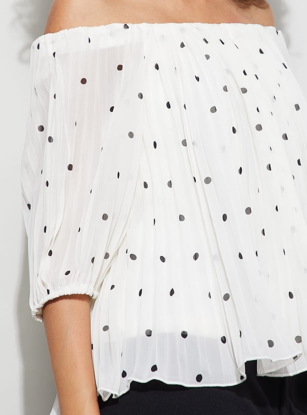CODE Polka-Dot Print Off-Shoulder Top
