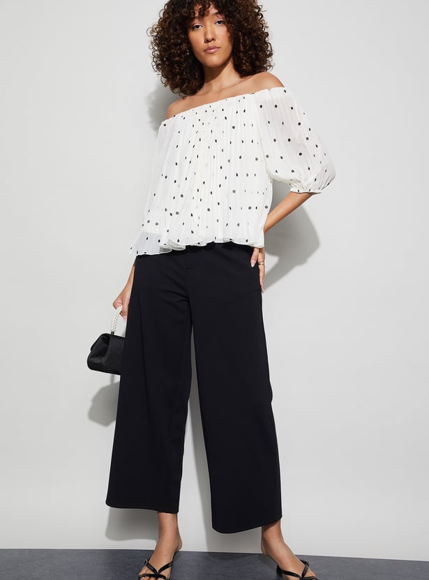 CODE Polka-Dot Print Off-Shoulder Top