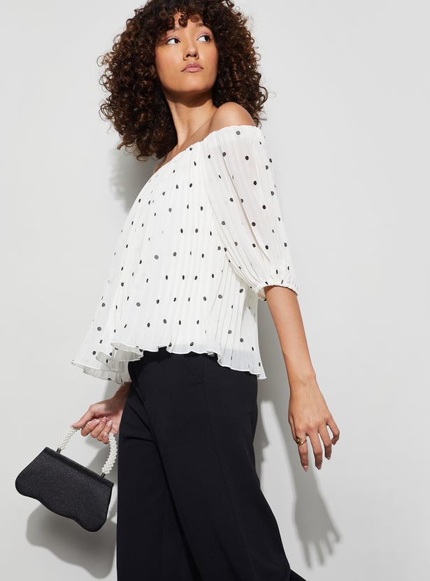 CODE Polka-Dot Print Off-Shoulder Top