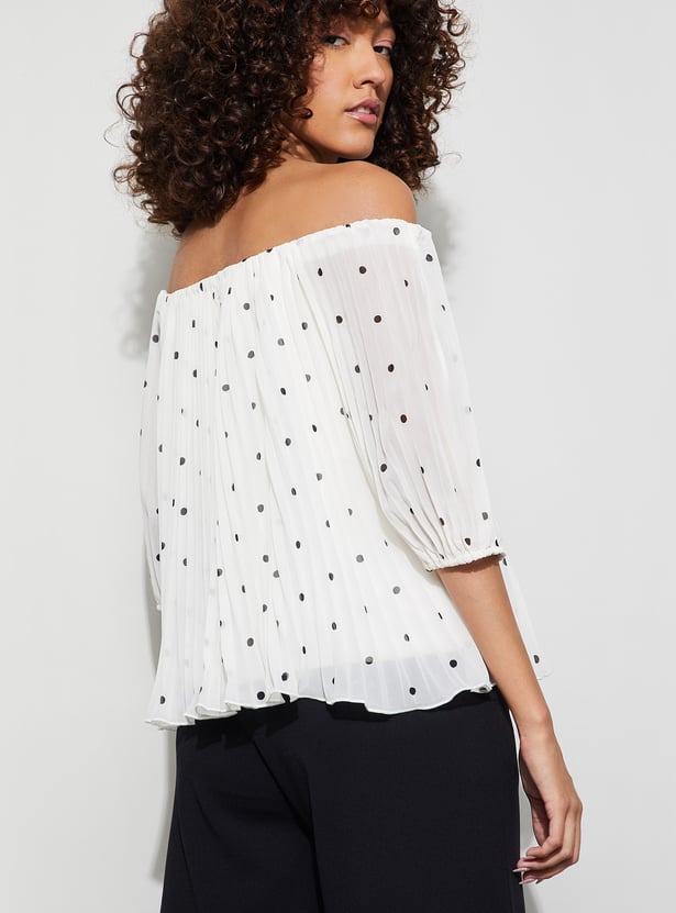 CODE Polka-Dot Print Off-Shoulder Top