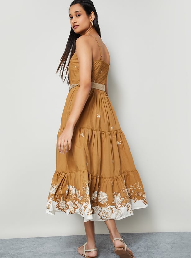 COLOUR ME Floral Print Tiered Dress with Belt