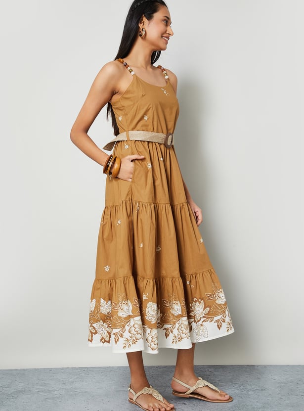 COLOUR ME Floral Print Tiered Dress with Belt