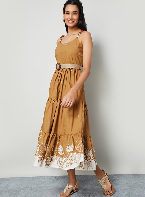 COLOUR ME Floral Print Tiered Dress with Belt