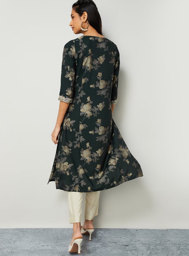 MELANGE Floral Embroidered Round Neck 3/4th Sleeves Kurta