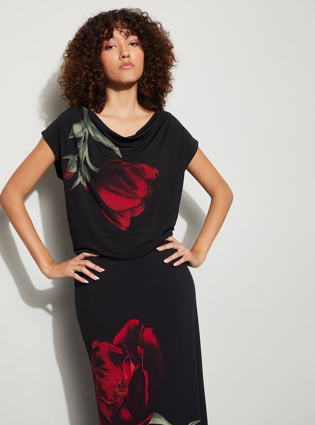 CODE Floral Print Cowl Neck Top