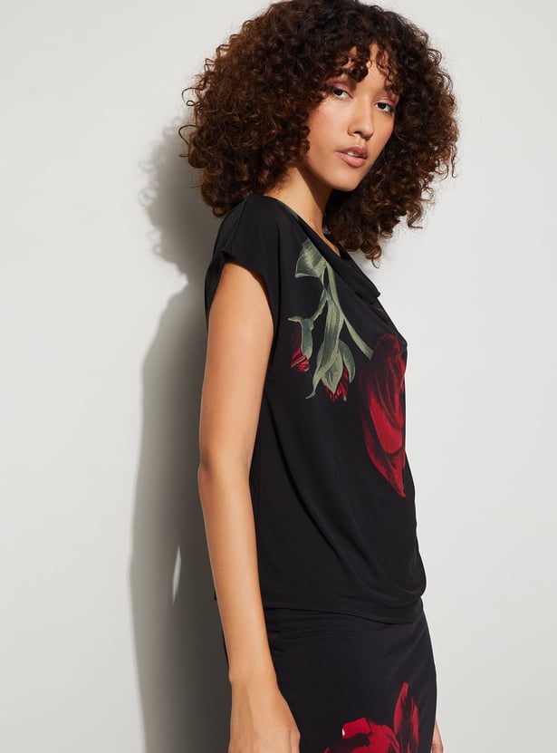 CODE Floral Print Cowl Neck Top
