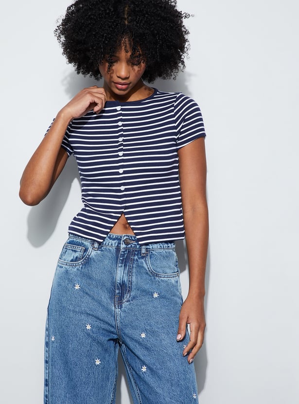 GINGER Striped Knit Top with Notched Hem