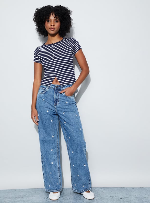 GINGER Striped Knit Top with Notched Hem