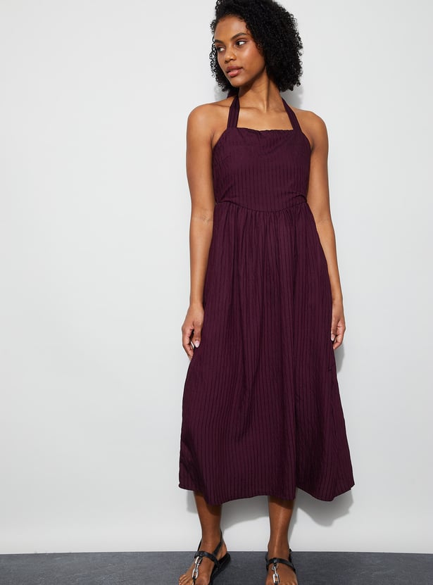 GINGER Halter Neck Striped Midi Dress