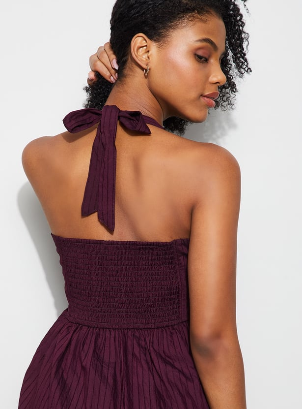 GINGER Halter Neck Striped Midi Dress