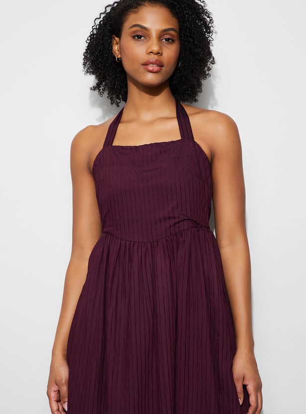 GINGER Halter Neck Striped Midi Dress