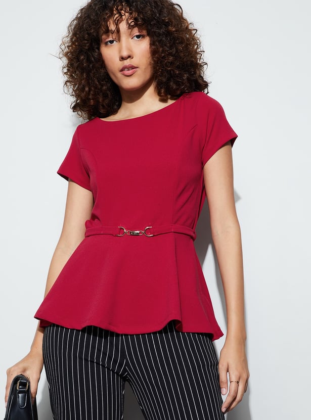 CODE Solid Peplum Top with Belt