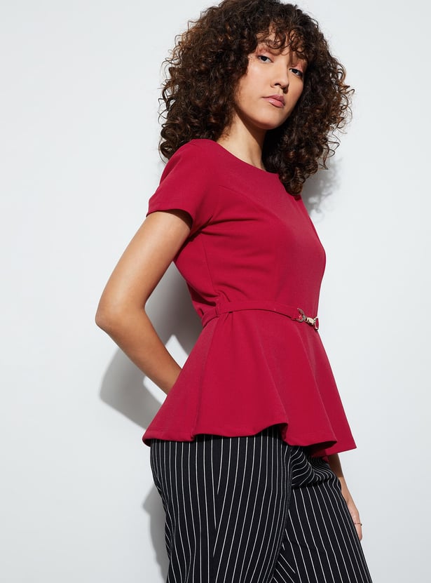 CODE Solid Peplum Top with Belt