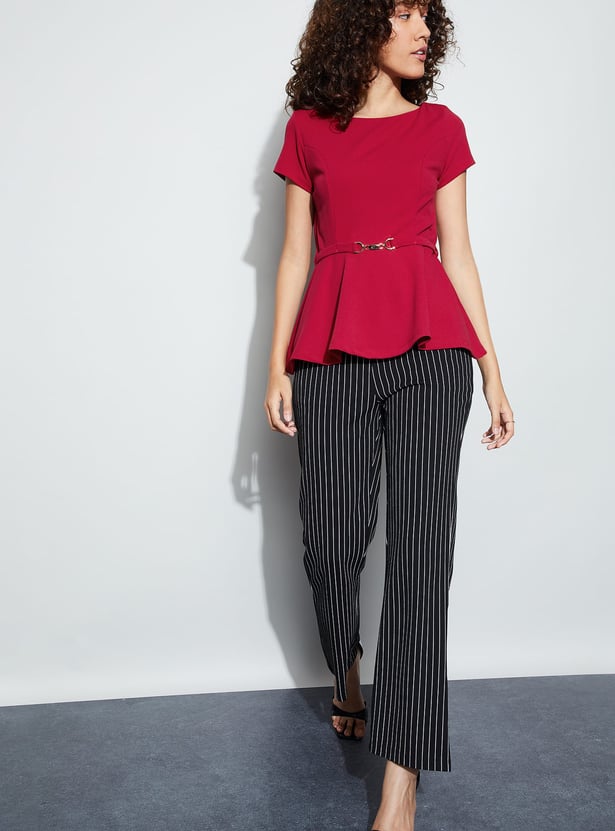 CODE Solid Peplum Top with Belt