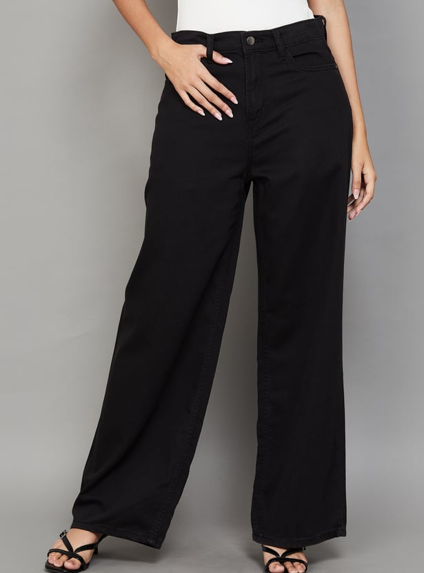 GO COLORS Solid Wide Leg Jeans