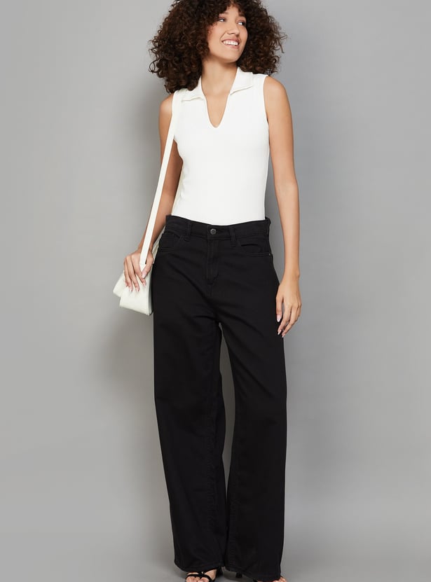 GO COLORS Solid Wide Leg Jeans