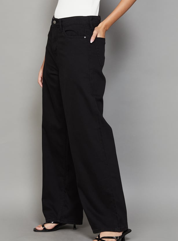 GO COLORS Solid Wide Leg Jeans