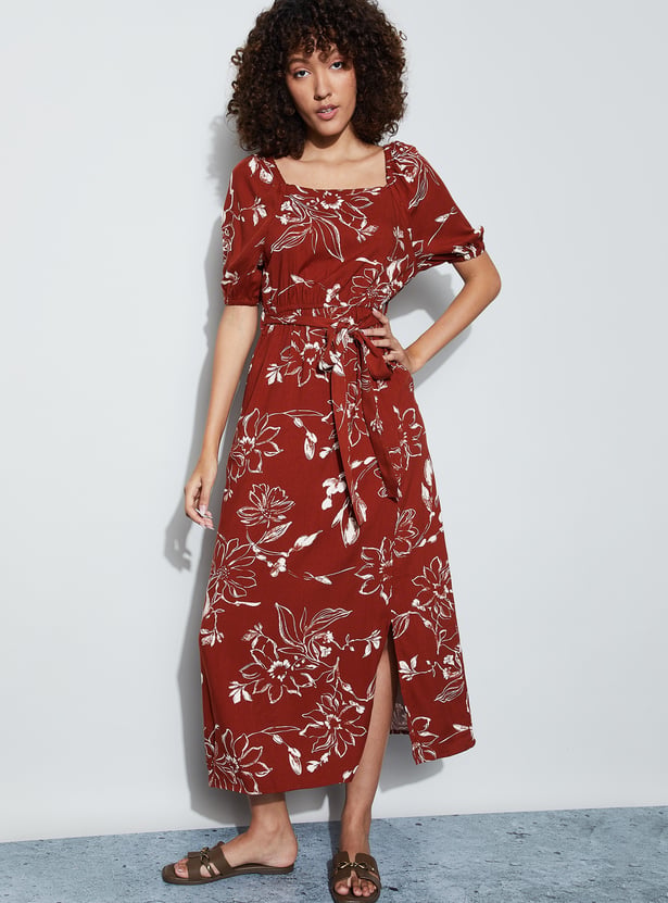 FAME FOREVER Floral Print Fit & Flare Dress with Belt