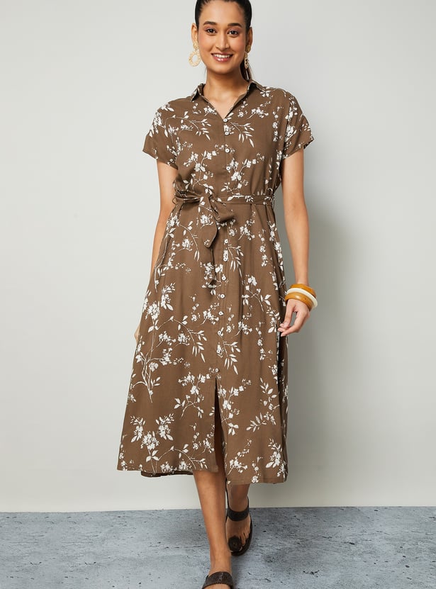 COLOUR ME Floral Print Shirt Dress with Belt
